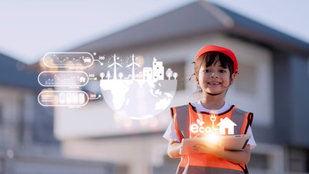 Little girl engineering with creative icon environment with happy family, eco friendly, save energy,の写真素材