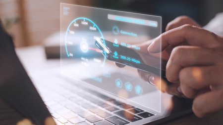 Fast internet connection with Metaverse technology concept, Hand holding smartphone and Virtual screen of Internet speed measurement, Internet and technology concept, 5G Hi speed internet conceptの写真素材