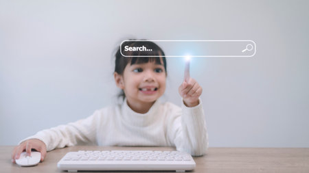 People hand using laptop or computor searching for information in internet online society web with search box icon and copyspace.の写真素材