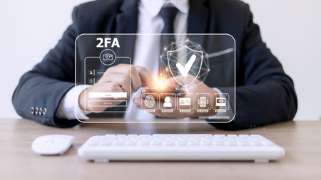 2FA increases the security of your account, Two-Factor Authentication laptop screen displaying a 2fa concept, Privacy protect data and cybersecurity.の写真素材