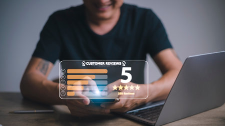 User gives rating to service experience on online application, Customer review satisfaction feedback survey concept, Customer can evaluate quality of service leading to reputation ranking of business.の写真素材