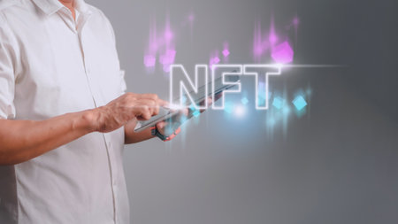 businessman finger touch virtual screen, NFT token digital crypto art blockchain technology conceptの写真素材
