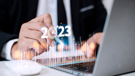 Business and Technology target set goals and achievement in 2023 new year resolution statistics graph rising revenue, planning to start up strategy, icon conceptの写真素材