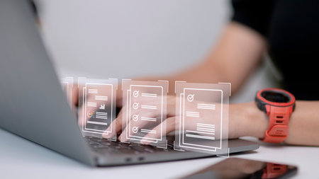 Paperless workplace ideas, e-signing, electronic signature, document management. A businessman signs an electronic document on a digital document on a virtual screenの写真素材