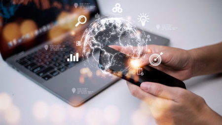 People use mobile smartphones. Business global internet connection application technology and digital marketing, Financial and banking, Digital link tech, big data.の写真素材