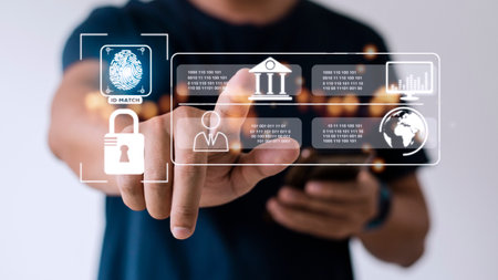 Concept of cyber security digital technology, business people use fingerprints to access personal...