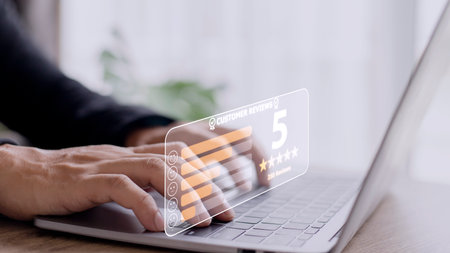 Customer review good rating concept, customer review by five star feedback, positive customer feedback testimonial.の写真素材