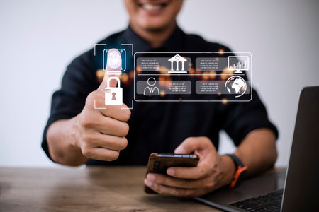 Concept of cyber security digital technology, business people use fingerprints to access personal...