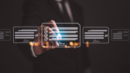 Paperless workplace ideas, e-signing, electronic signature, document management. A businessman signs...