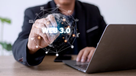 Web 3.0 concept image with a man using a laptop. Technology and WEB 3.0 concept.の写真素材