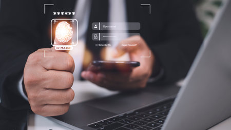 Security of future technology and Cybernetics on the Internet, finger scanning allows access to security and identification of big Data businesses, bank and Cloud Computers.の写真素材