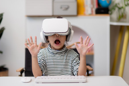 Asian little girl with virtual reality headset. Innovation technology and education concept