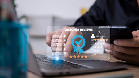 Customer review satisfaction feedback survey concept, User give rating to service experience on online application, service leading to reputation ranking of business.の写真素材