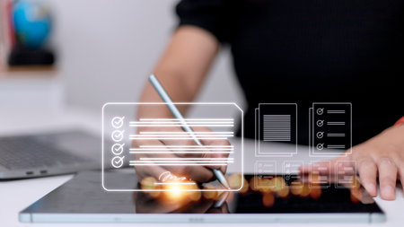 Electronic signature and paperless office concept. A person uses a pen to sign electronic documents on digital documents on a virtual screen. E-signing. Technology and document managementの写真素材