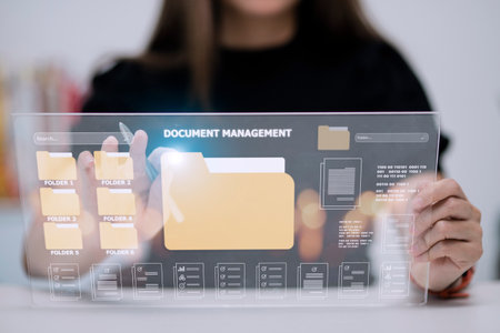 Document management concept. Virtual screen icons Document Management System (DMS) Online document database, software for efficient archiving, searching and management of company files and data.の写真素材