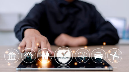 Online insurance on virtual screen. Life, car, property, health and family. Internet and digital technology concept.の写真素材