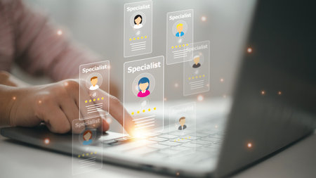 Online recruitment application and one day specialist search service concept with man finger on...