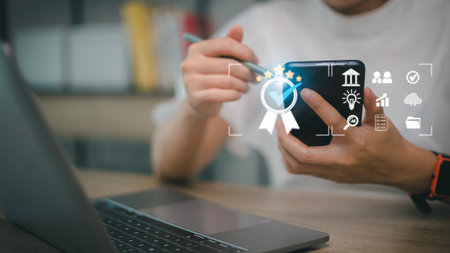 Business people working with computers and smartphones A symbol of top service ISO Certification...