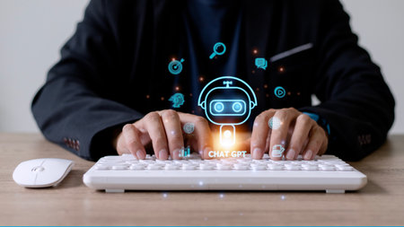 ChatGPT Chat with AI or Artificial Intelligence. woman chatting with a smart AI or artificial...