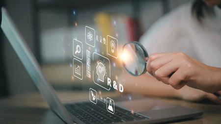 R and D icon for Research and Development on laptop screen. Manage costs more efficiently. R and D...