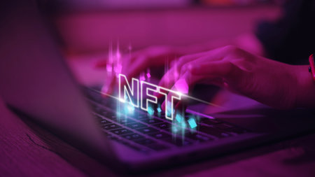 finger touch virtual screen, NFT token digital crypto art blockchain technology conceptの写真素材