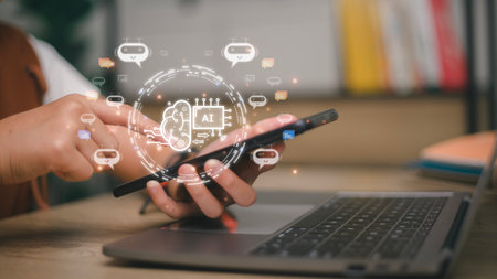 Businesswoman using chatbot in computer smart intelligence Ai. Chat GPT Chat with AI Artificial...