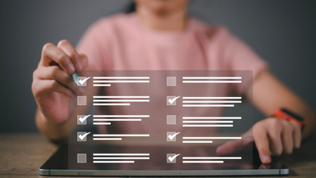businesswoman Take an assessment, questionnaire, evaluation, online survey online exam Choosing the...