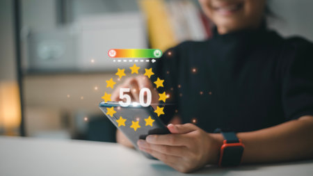 Hand giving five star customer satisfaction feedback review concept.Customer service experience and business satisfactionの写真素材