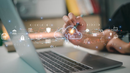 Cloud computing. Cloud technology. Data storage, data transfer, Networking, and internet service concept, technology internet storage networkの写真素材