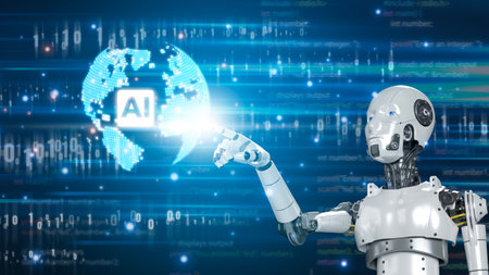 Robot humanoid use artificial intelligence AI research and development for future of people living. 3D rendering.の写真素材