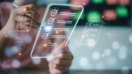 Online business contract Electronic signature, e-signing, digital document management, paperless office, signing business contract concept. on a futuristic virtual interface screen.の写真素材