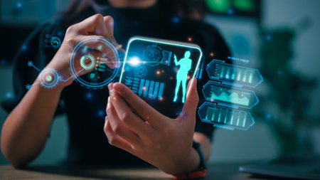 Data scientists, Business woman touching on digital tablet computer analyzing business report, financial graph on futuristic virtual interface screen. Algorithm, marketing and business intelligenceの写真素材