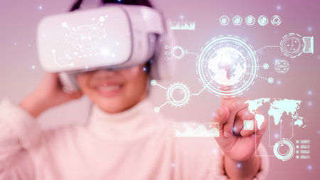 Metaverse digital cyber world technology, Woman with virtual reality VR goggle playing AR augmented reality game entertainment and business meeting conference, futuristic lifestyleの写真素材