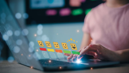 Woman pressing on the happy Smile face icon, positive mindset selection. Customer service and...