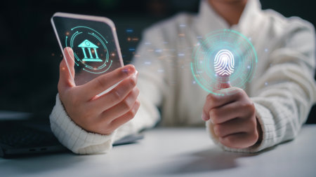 Woman uses fingerprint identification to access personal financial data. The idea for E-KYC, biometrics security, and innovation technology against digital cybercrimeの写真素材