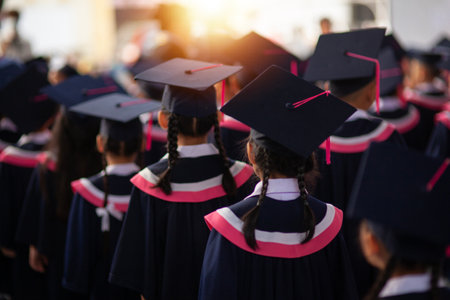 The back of the graduates are walking to attend the graduation ceremony at the university, Concept of Successful Education in High School, Congratulated Degreeの写真素材