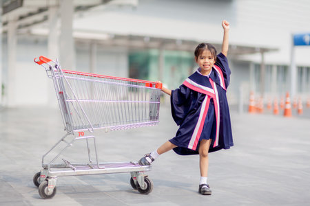 Happy Asian girls in graduation gowns on their graduation day at school.Graduation concept with copy space.の写真素材