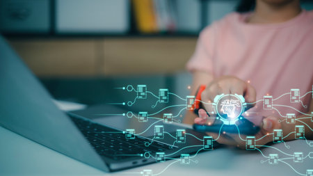 Technology and people concept women use AI to help work, AI Learning and Artificial Intelligence Concept. Futuristic technology transformation.の写真素材