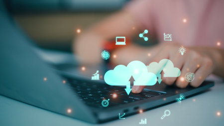 Cloud computing concept.Virtual cloud computing with world and technology items such as upload download. Cloud technology management big data includes business strategy and customer.の写真素材