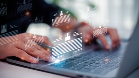 Human Resources HR management Recruitment Employment Headhunting Concept, Human Resources uses computers to search and select job applicants The process of selecting people to join the work of HR.の写真素材