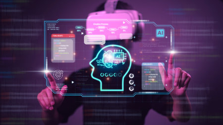 Women using technology smart robot AI, Chatbot Chat with AI, Artificial Intelligence.  artificial intelligence by enter command prompt for generates something, Futuristic technology transformation.の写真素材