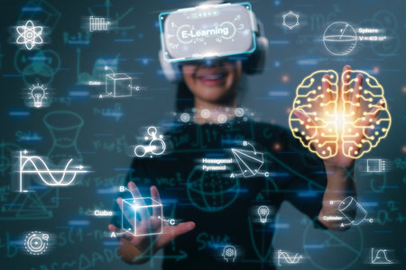Little girl with VR glasses holding a brain icon and studying exact mathematical sciences on a...