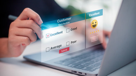 Businesswomen hand putting check mark a checkbox on excellent for a satisfaction survey. Customer service satisfaction survey, Excellent Customer Service Evaluation.の写真素材