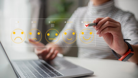 User give rating to service experience on online application, Customer review satisfaction feedback survey concept, Customer can evaluate quality of service leading to reputation ranking of business.の写真素材