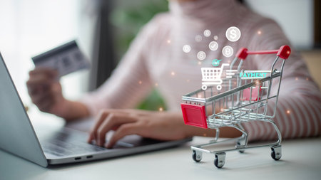E-commerce delivery online payment. Access paying online payment concept. Women use laptop banking...