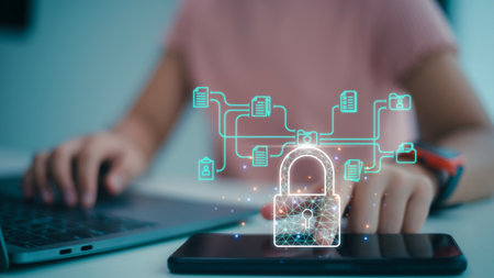 Businesswoman use laptop secure encryption to access data and documents Safe storage data of company...