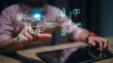 Document Management System DMS, online documentation database and process automation to efficiently manage files, knowledge and documentation in enterprise with ERP. Corporate business technology.の写真素材