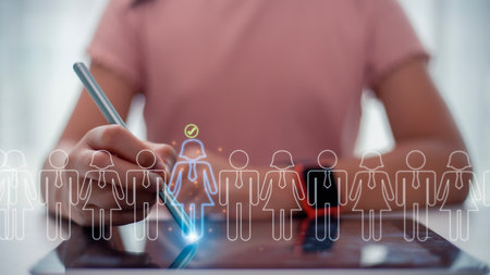 Online recruitment application specialist search service concept with virtual cards with rating and profile information on a smartphone in hand.の写真素材