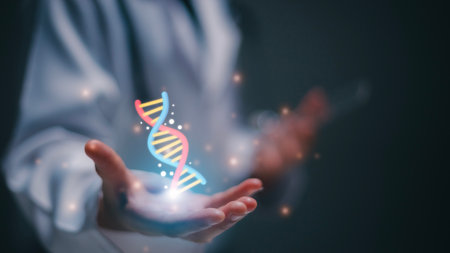 Medical technology, and futuristic concept. Medicine doctor holding blue helix DNA structure on hologram modern virtual screen interface and diagnose healthcare on digital network, Science.の写真素材