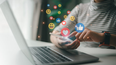 Social media interactions on mobile phones, concept with notification icons of like, message, email,...